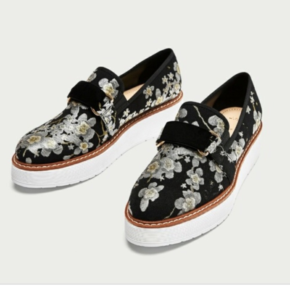 Zara embroidered black floral loafers